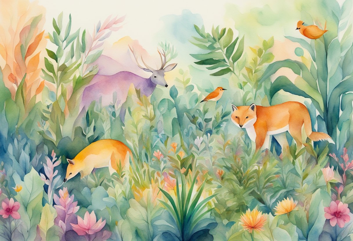 A diverse group of animals and plants coexisting in a vibrant, flourishing ecosystem