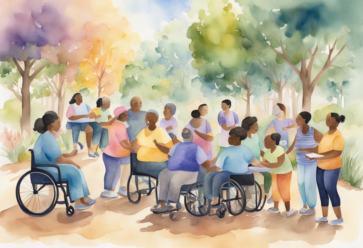 A diverse group of people with disabilities are shown engaging in various activities, surrounded by supportive and inclusive community members