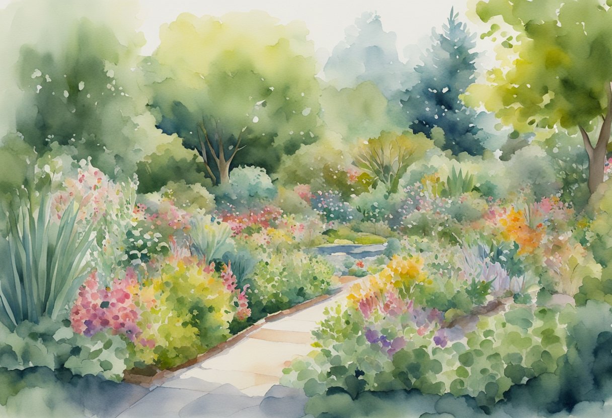 A lush, thriving garden with diverse plant life, clean water sources, and well-maintained land