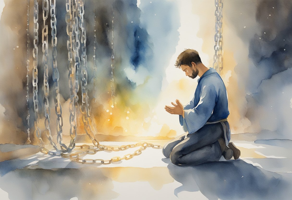 A person kneeling in prayer, surrounded by chains breaking and falling away, while a bright light shines down from above