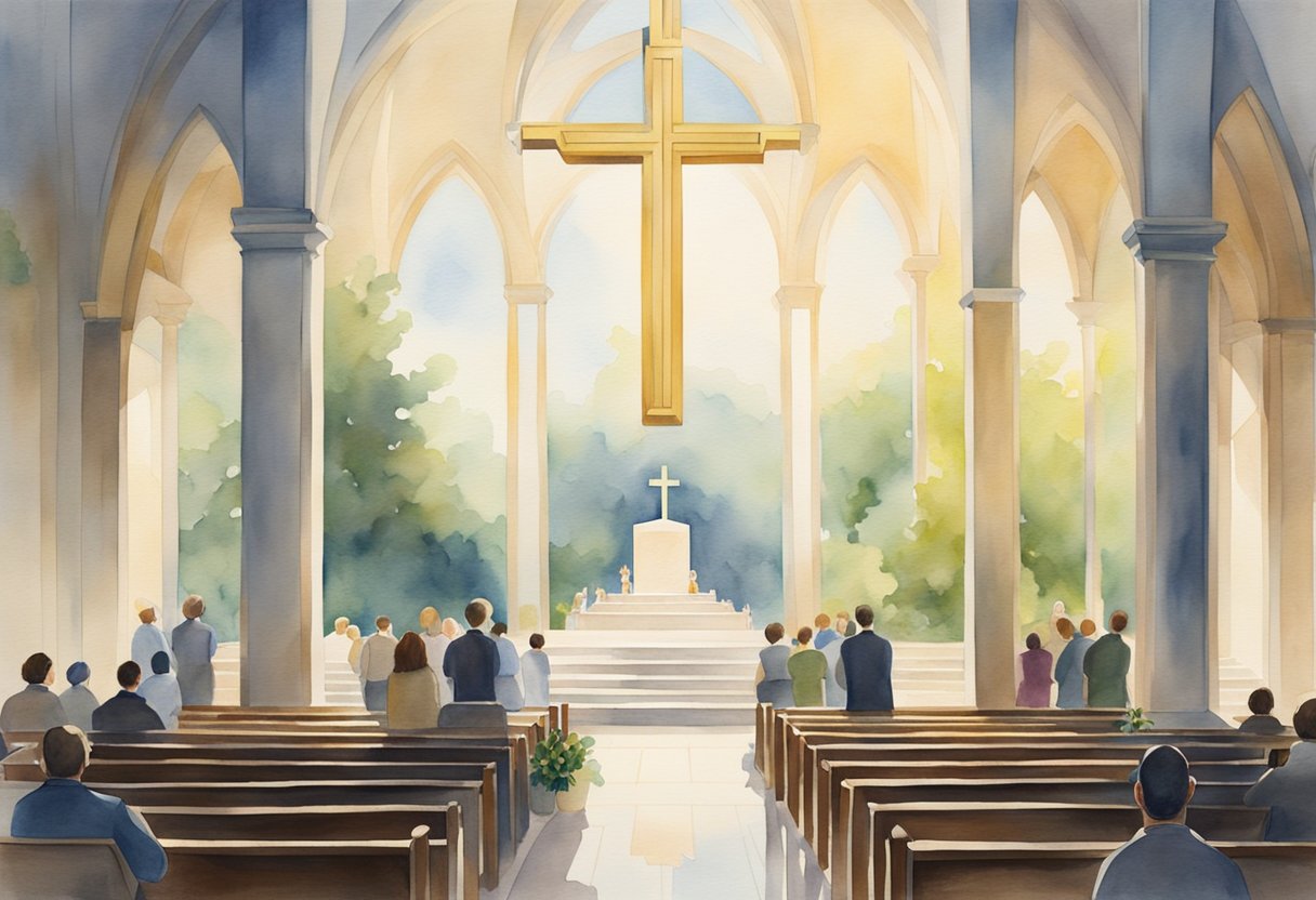 A serene, sunlit chapel with a cross at the center, surrounded by people in prayer and reflection