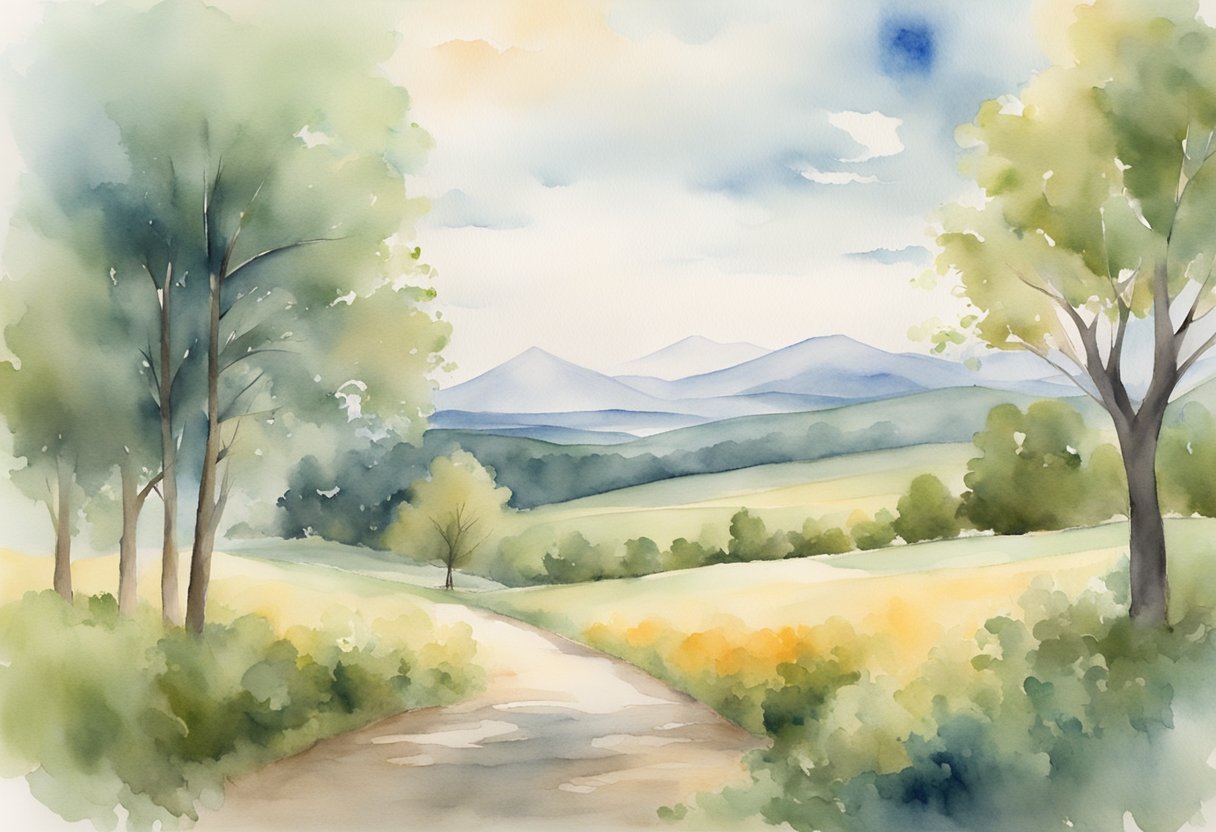 A serene landscape with a cross standing tall amidst a peaceful setting, symbolizing the Christian perspective on addiction recovery and finding freedom in Christ