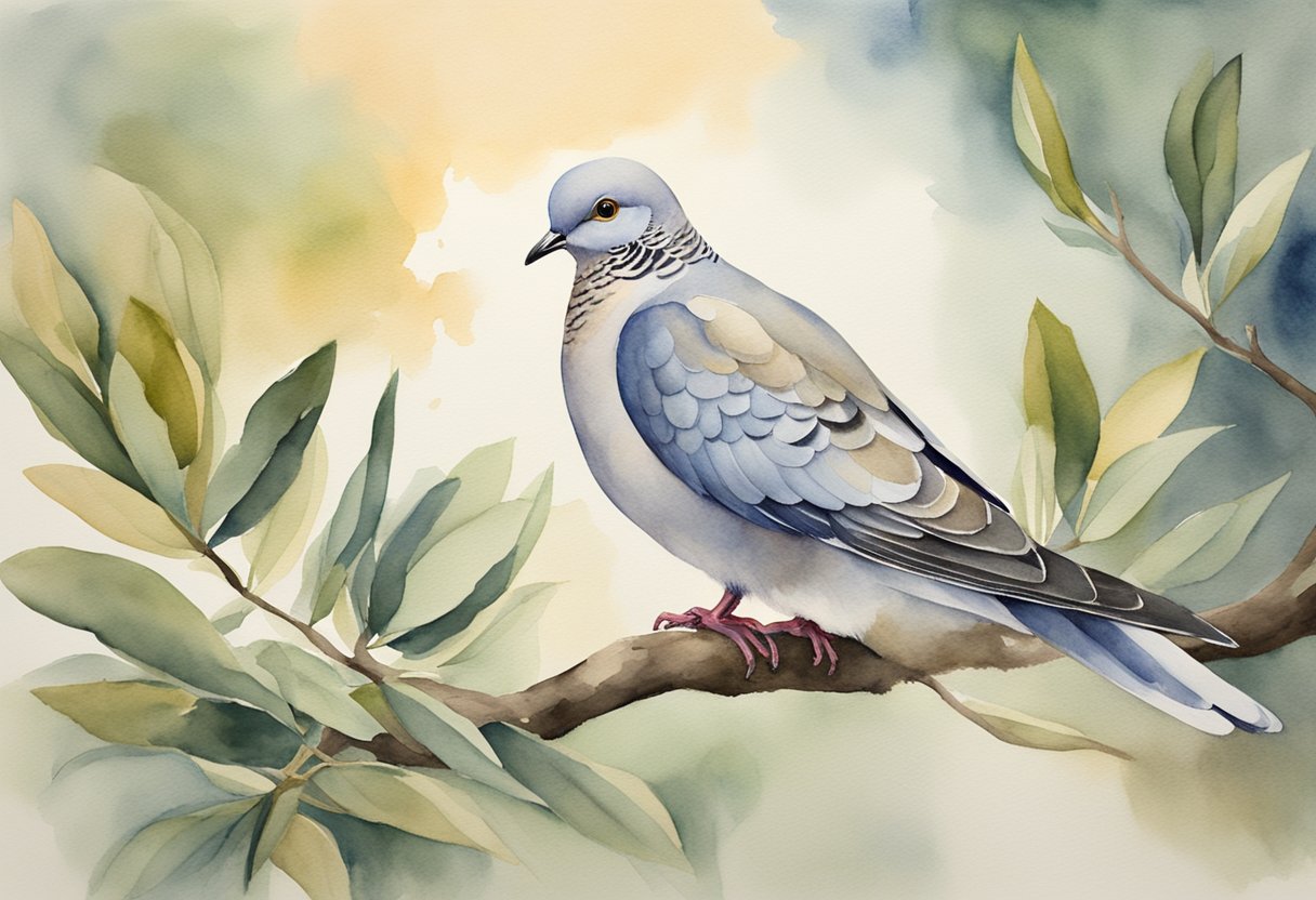 A peaceful dove perched on a branch, while a sword and olive branch lay crossed beneath it