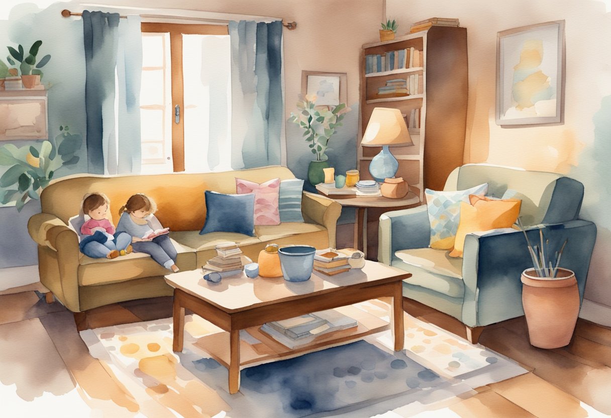 A cozy living room with toys and books scattered about, a warm meal on the table, and a loving caregiver comforting a child