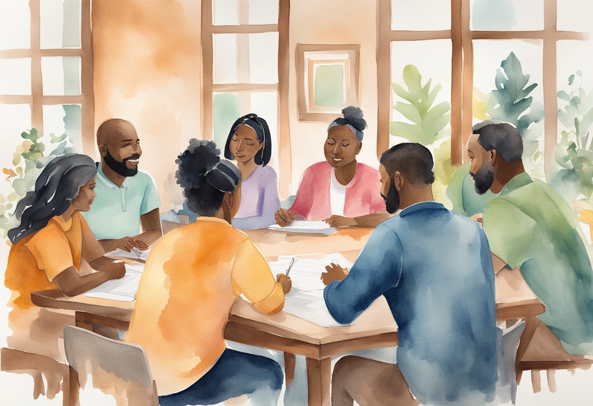 A group of diverse individuals gather around a table, discussing and planning ways to provide care and support for vulnerable children in the foster care system