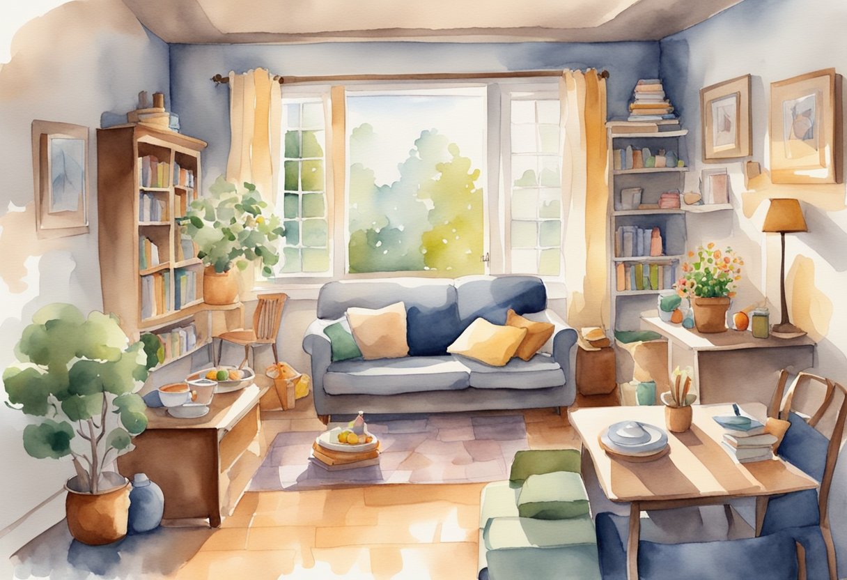 A cozy living room with toys and books scattered around, a warm meal being prepared in the kitchen, and a comforting atmosphere of love and support