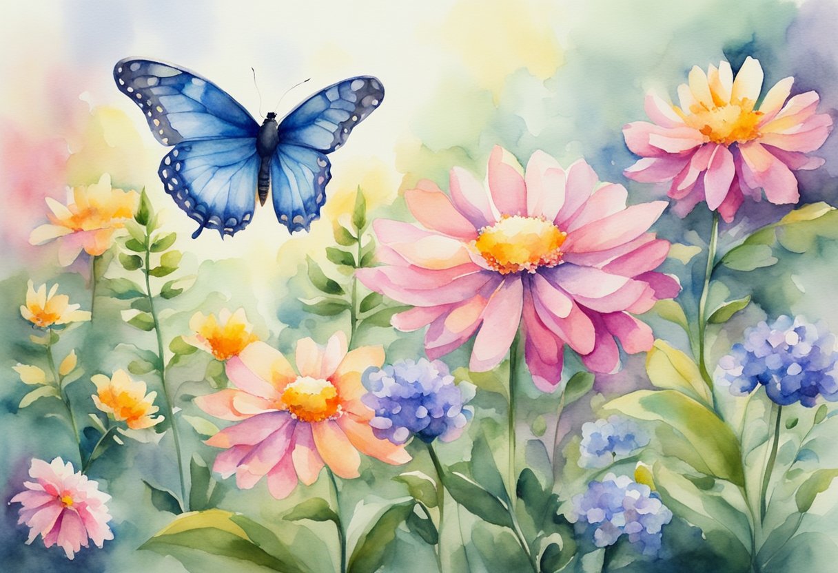 A serene garden with vibrant flowers and a butterfly resting on a blooming plant, symbolizing the sanctity of life in the Christian view on euthanasia
