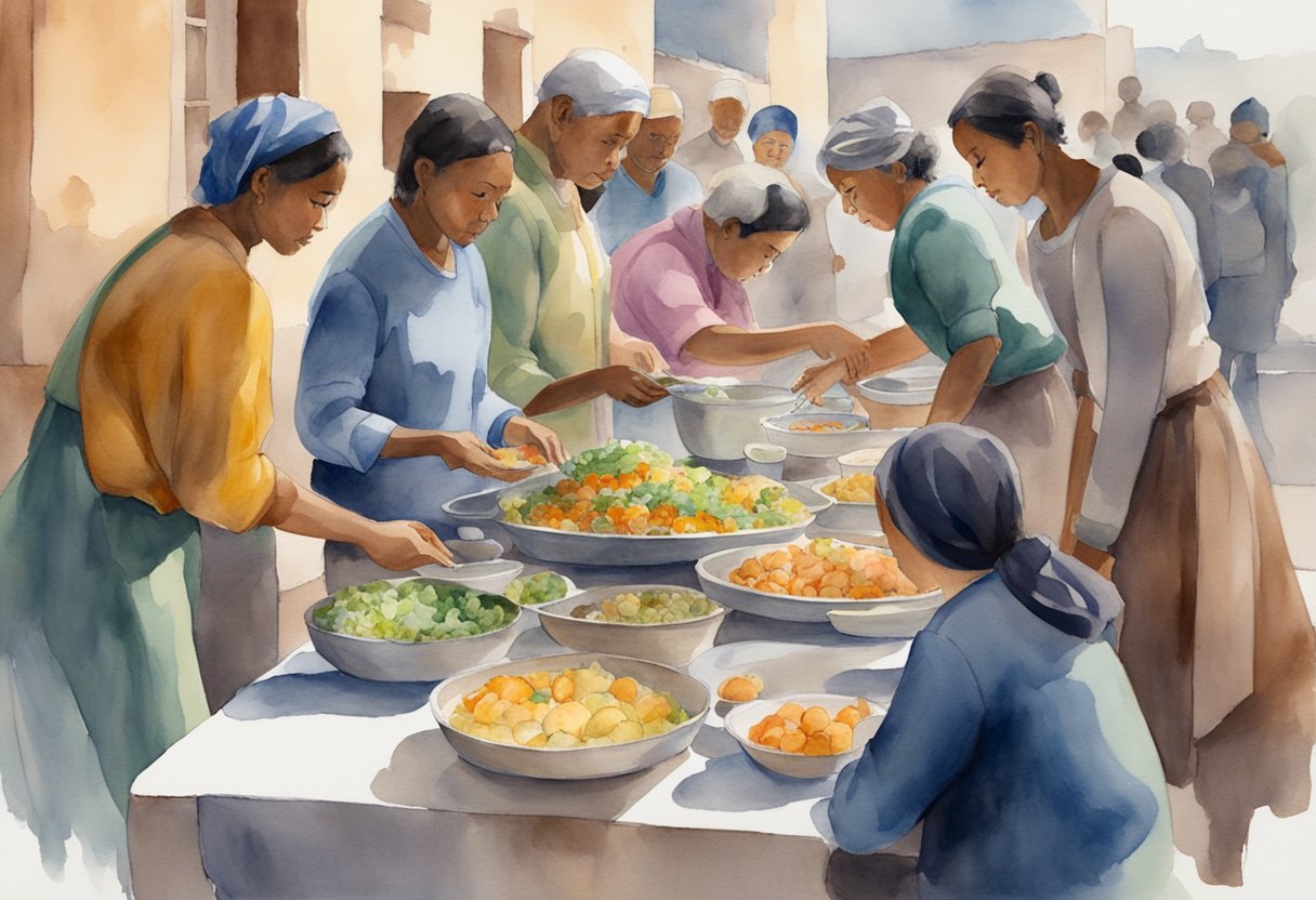 A group of people gather around a table filled with food, serving meals to those in need with compassion and generosity