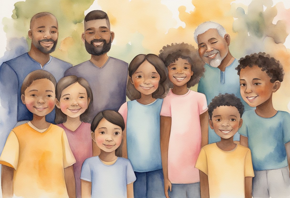 A group of children from diverse backgrounds gather around a caring adult, symbolizing the Christian approach to foster care. They face various challenges but also experience triumphs together