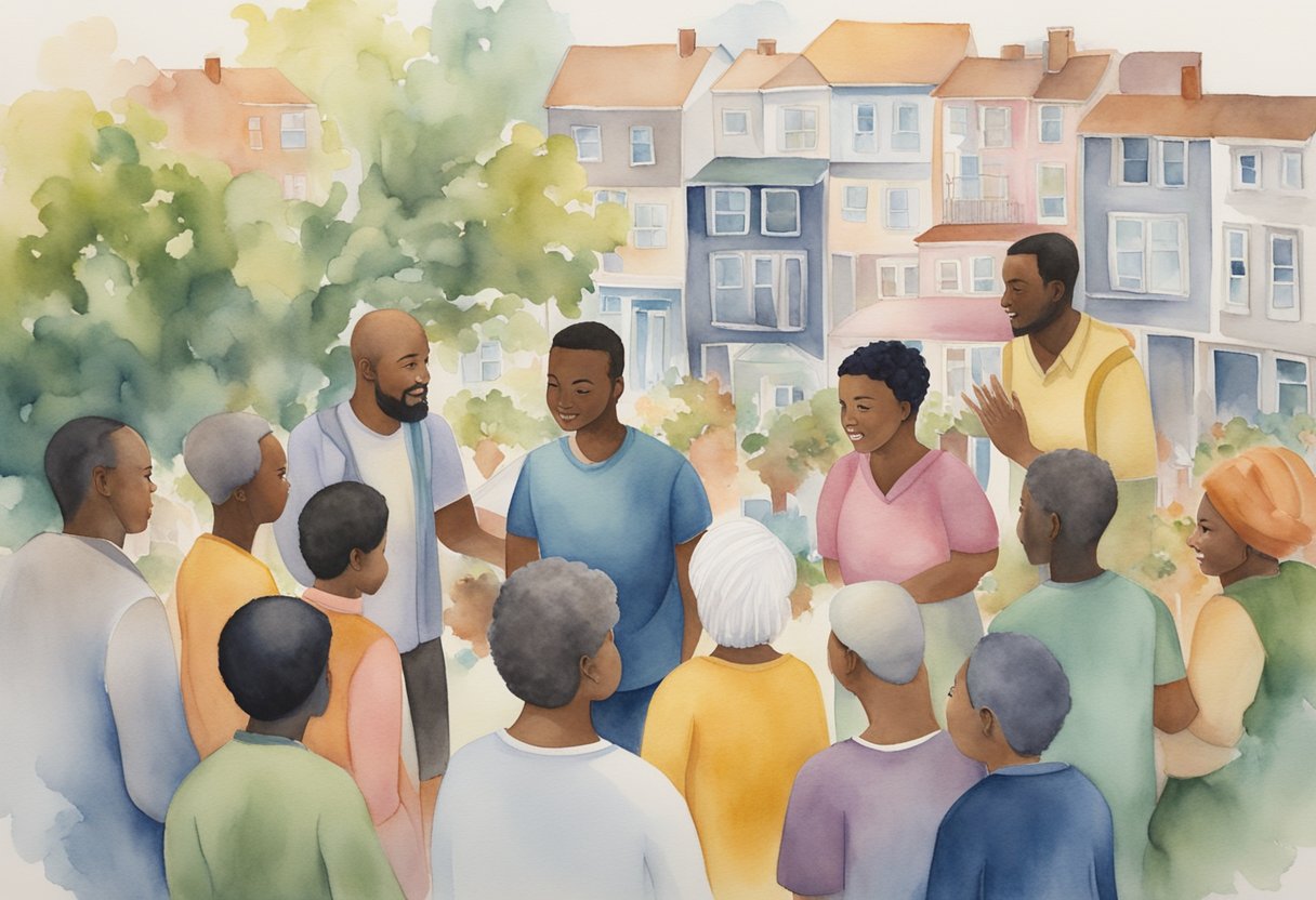A group of diverse individuals gather in a circle, surrounded by a network of interconnected buildings and homes, symbolizing a Christian approach to foster care and the nurturing of vulnerable individuals