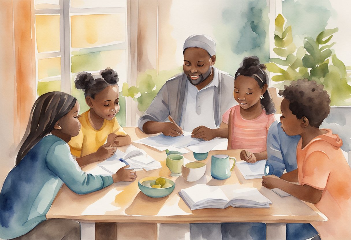 A group of diverse individuals gather around a table, discussing and planning the care of vulnerable children in a warm and inviting environment