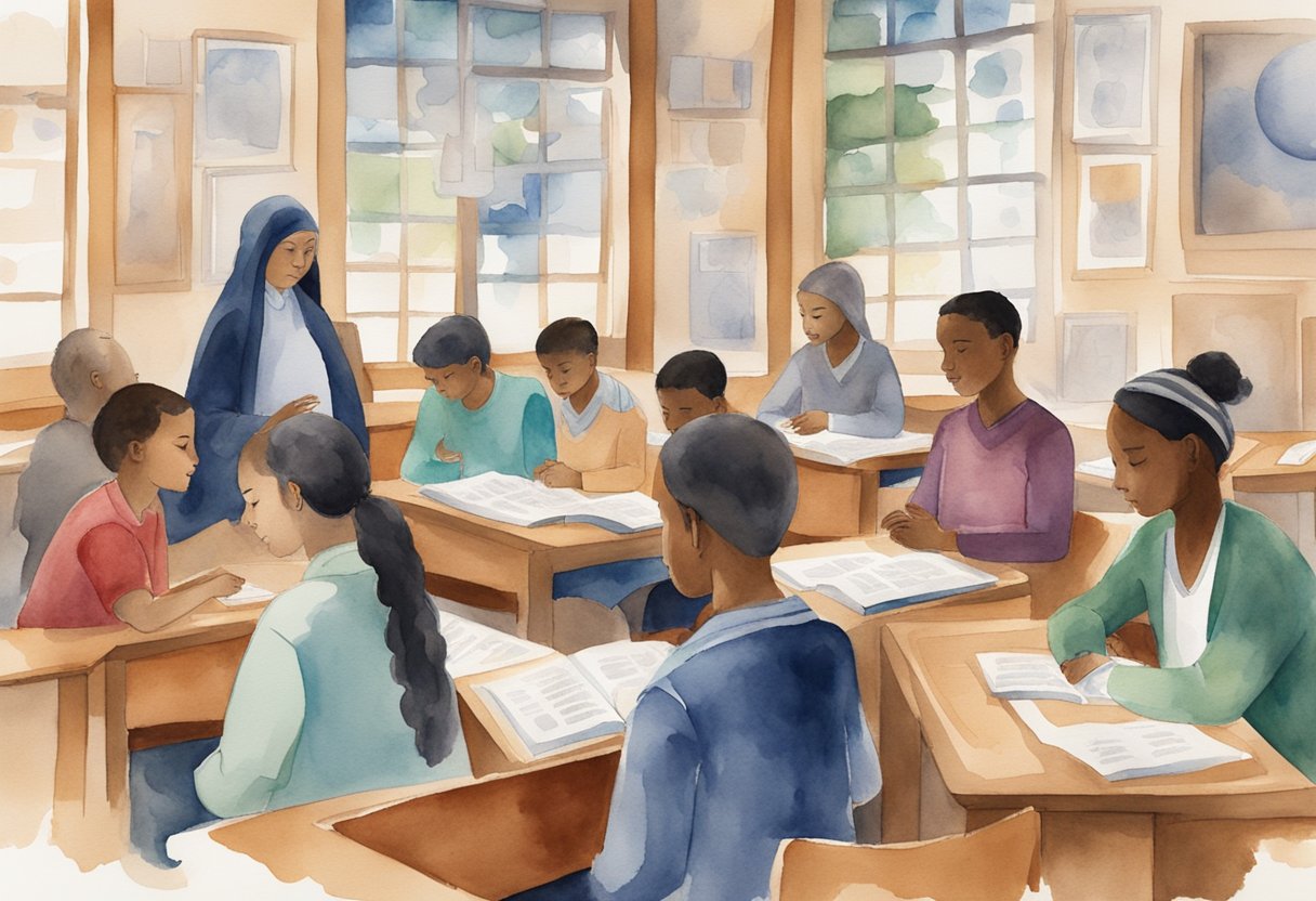 A classroom with diverse students engaged in group discussions, surrounded by symbols of different faiths and scriptures