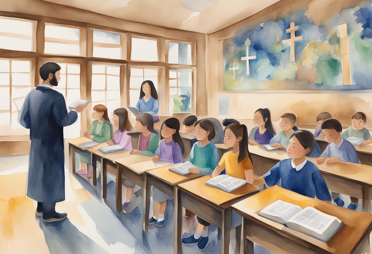 A classroom setting with students and a teacher, surrounded by symbols of Christianity such as a cross, Bible, and images of religious figures