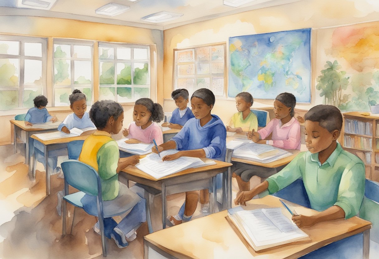 A classroom with diverse students learning and discussing various subjects, with religious symbols and texts integrated into the curriculum and environment