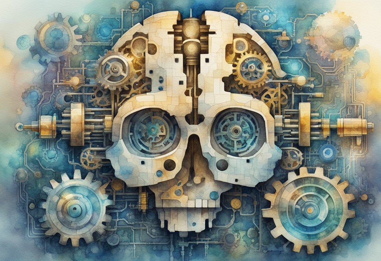 A glowing brain surrounded by gears and circuitry, symbolizing the fusion of human wisdom and caution with artificial intelligence