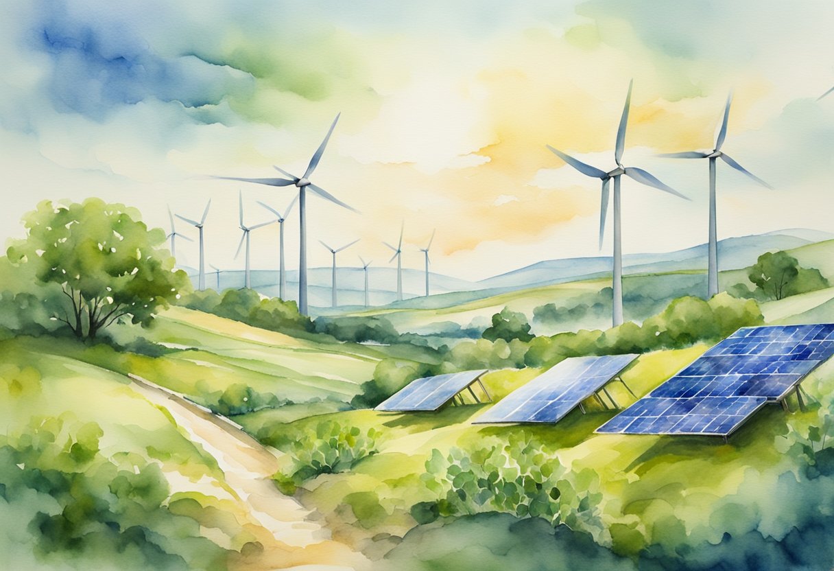 A lush landscape with wind turbines and solar panels, symbolizing stewardship and innovation in renewable energy from a Christian perspective