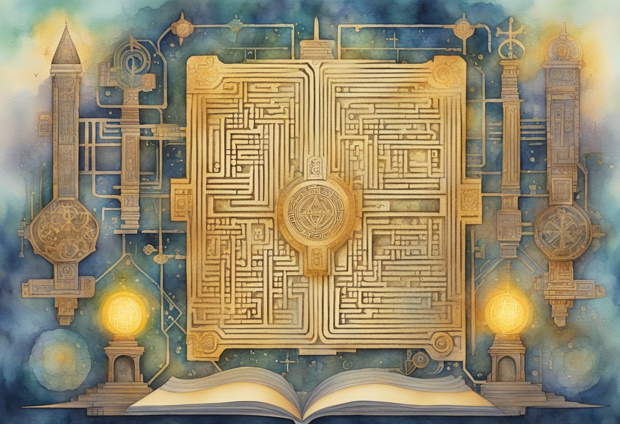 A glowing circuit board surrounded by ancient religious texts and symbols