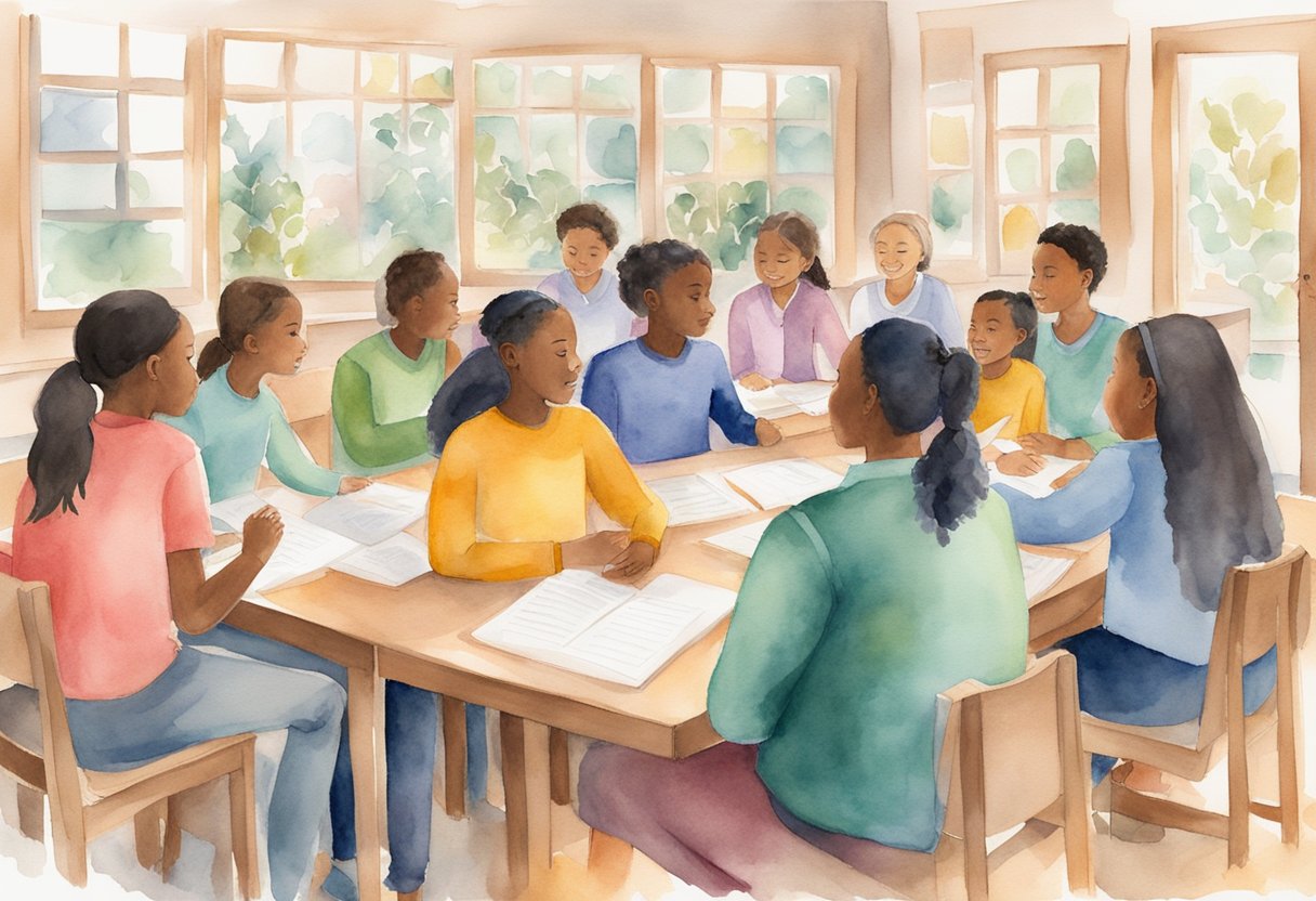 A classroom setting with diverse students engaging in group discussions and collaborative activities, surrounded by visual representations of Christian values and teachings