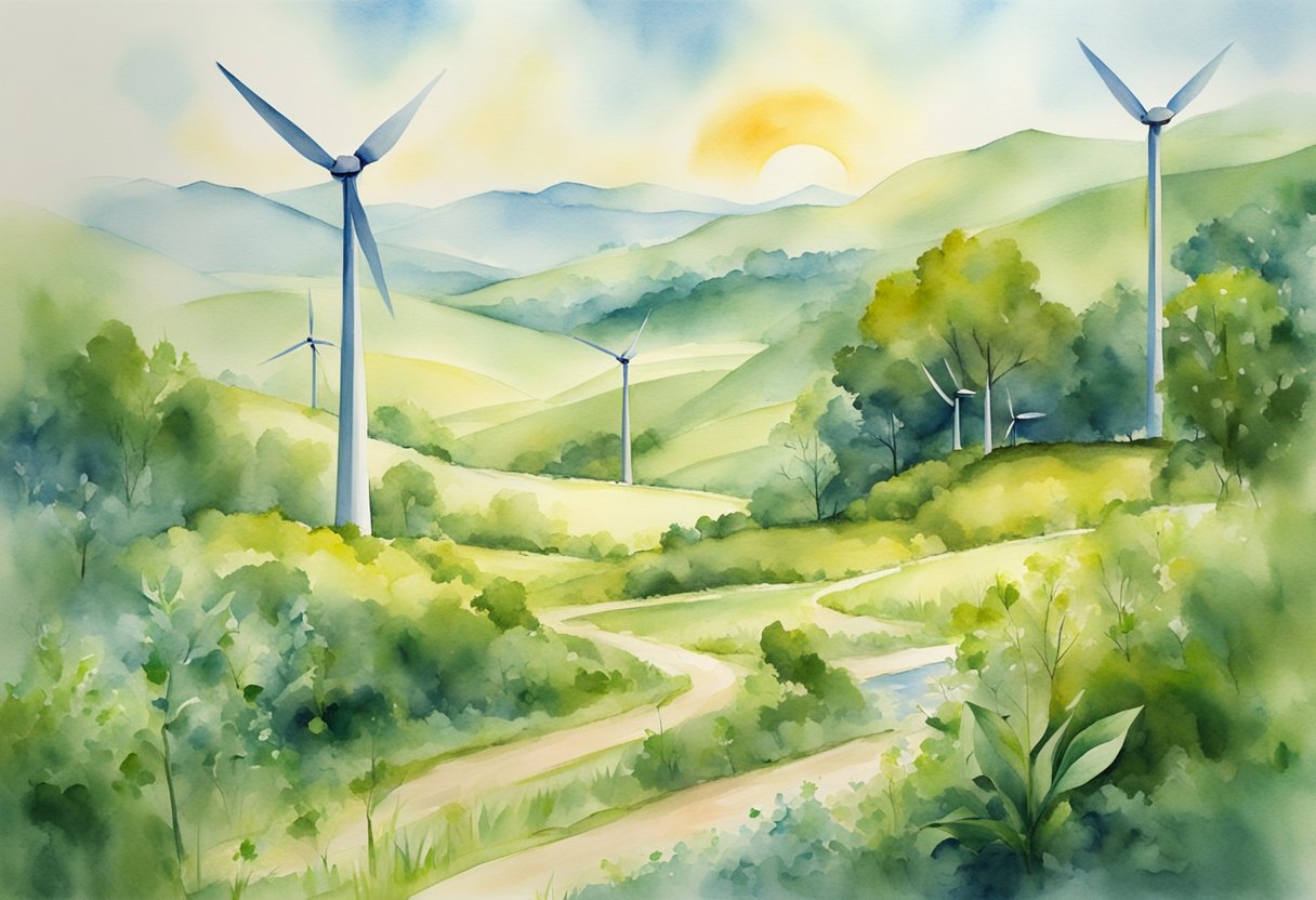 A sunlit landscape with wind turbines and solar panels, surrounded by greenery and wildlife, symbolizing Christian stewardship and innovation in renewable energy