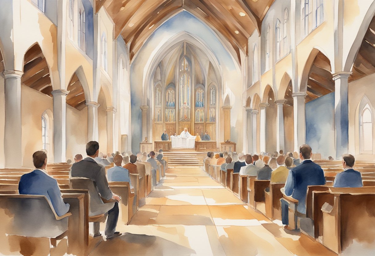 An AI algorithm assists a pastor in organizing and analyzing biblical texts for sermon preparation, surrounded by a warm and welcoming church environment