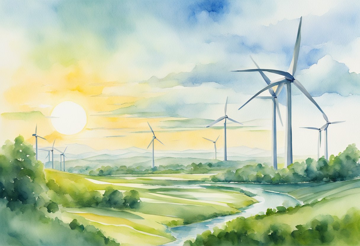 A sunlit landscape with wind turbines and solar panels, surrounded by lush greenery and clean waterways, symbolizing Christian stewardship and innovation in renewable energy