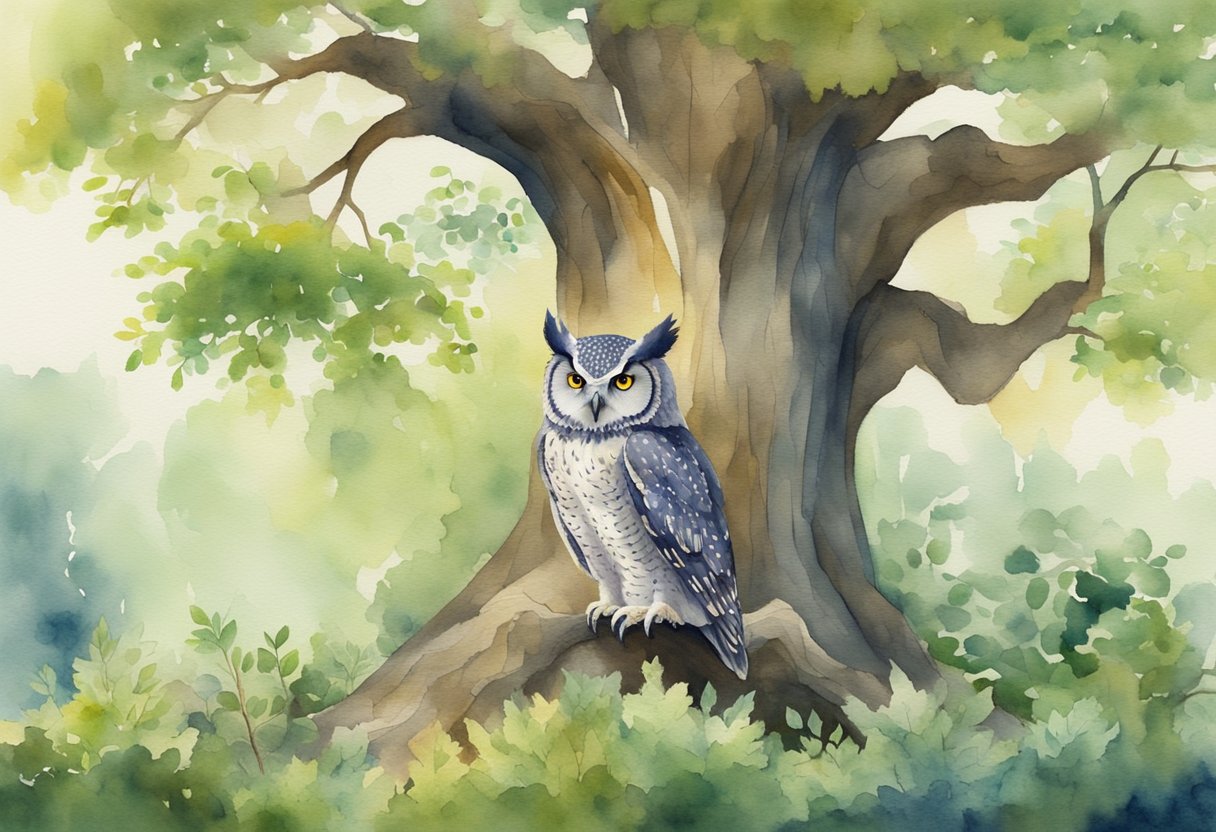 A tranquil garden with a towering tree, where a wise old owl perches, observing a delicate balance of technology and nature