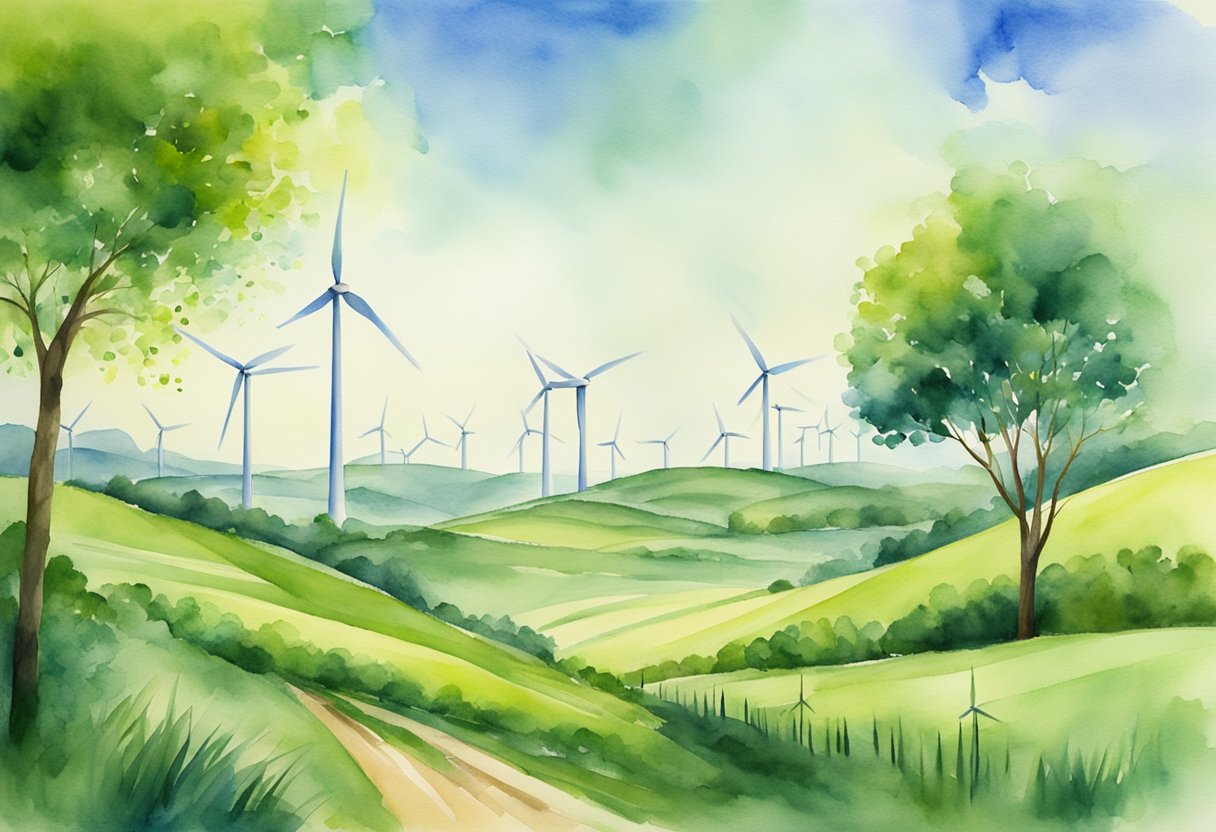 A lush green landscape with wind turbines and solar panels, symbolizing the integration of renewable energy into the natural environment