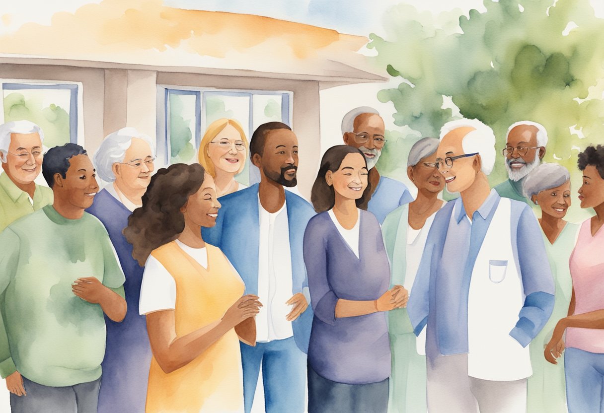 A diverse group of people of different ages and backgrounds gather around a healthcare facility, with a sense of unity and support for one another