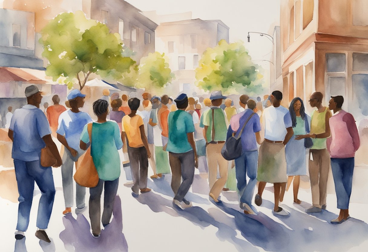 A diverse group of people gather in a vibrant urban setting, working together to create a harmonious and just community, guided by Christian principles