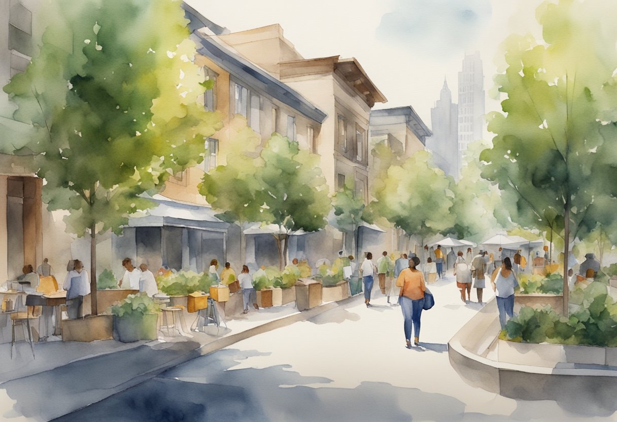 A bustling urban neighborhood with diverse buildings, green spaces, and community gathering areas, showcasing a balance of practicality and justice in its design