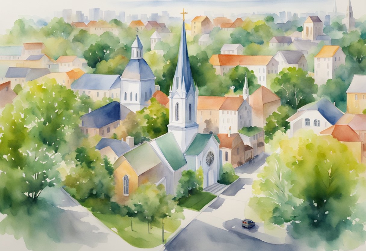 A vibrant cityscape with a church at the center, surrounded by diverse community buildings and green spaces, symbolizing a Christian approach to urban planning focused on community and justice