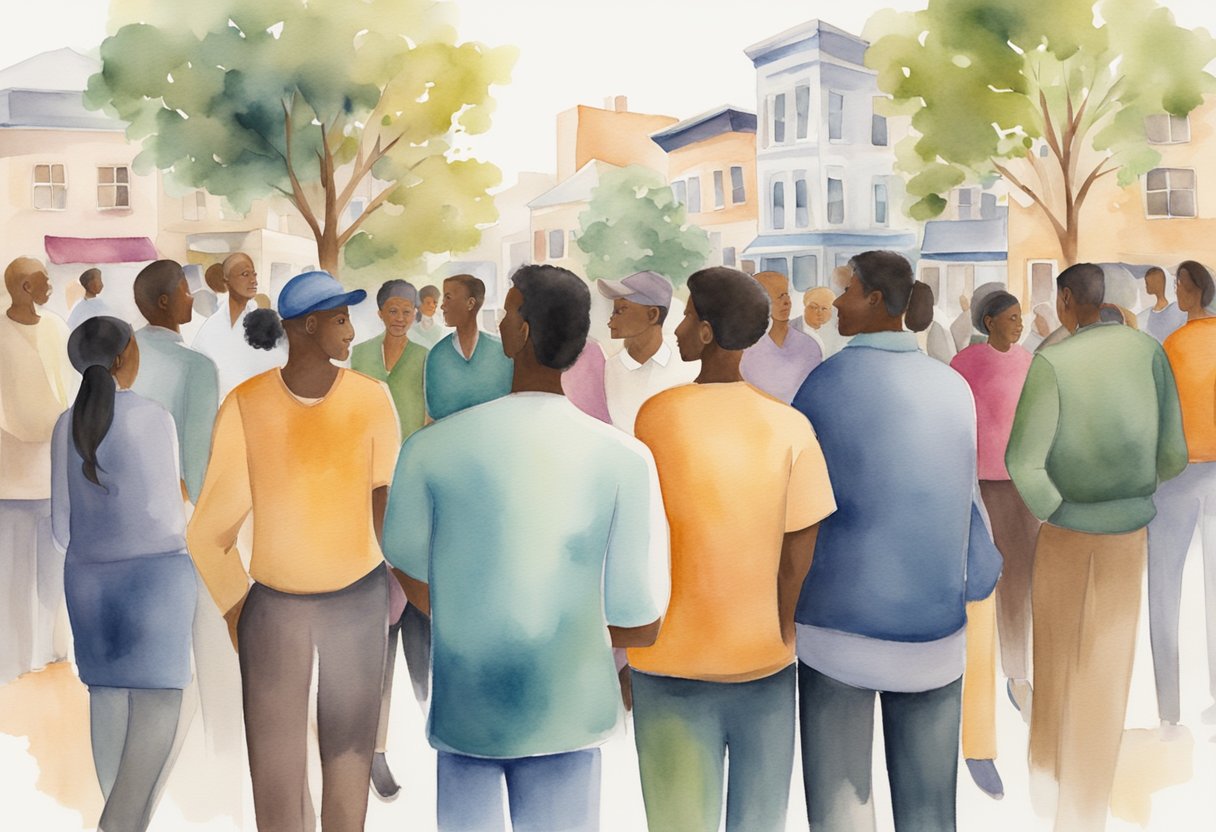 A diverse urban community coming together to discuss and plan for equitable and just development, with a focus on Christian values of love and compassion