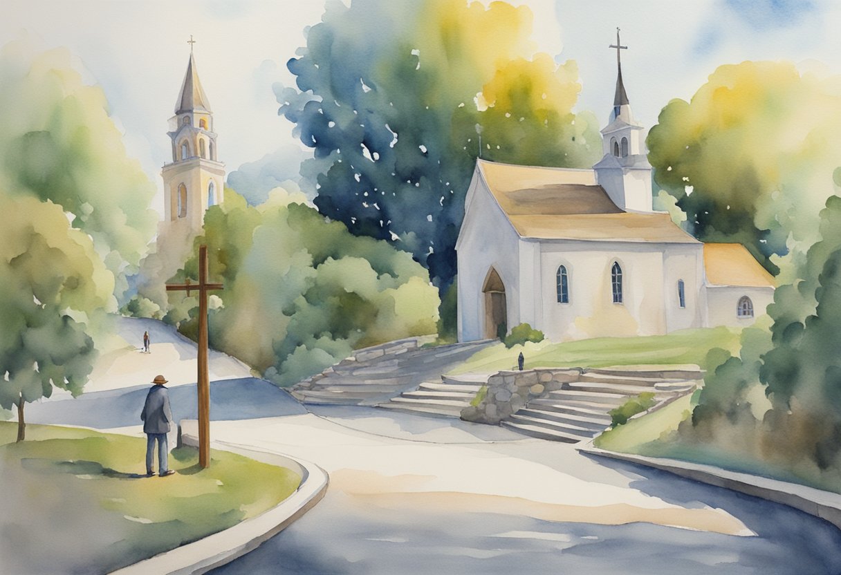 A person standing at a crossroads, with one path leading to a casino and the other leading to a church. The person is contemplating their decision, with a sense of uncertainty and moral dilemma