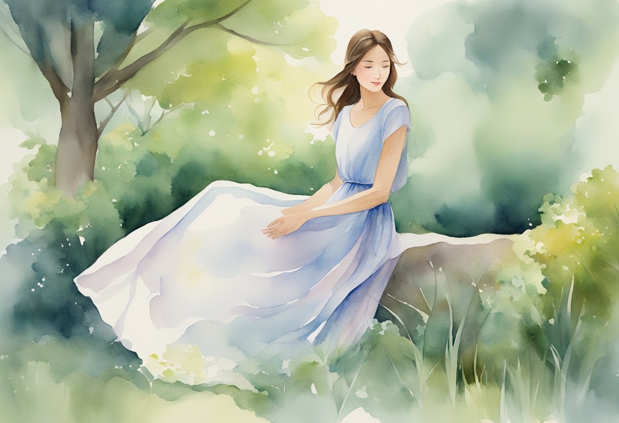A woman in a simple, flowing dress, surrounded by nature, with a sense of peace and contentment