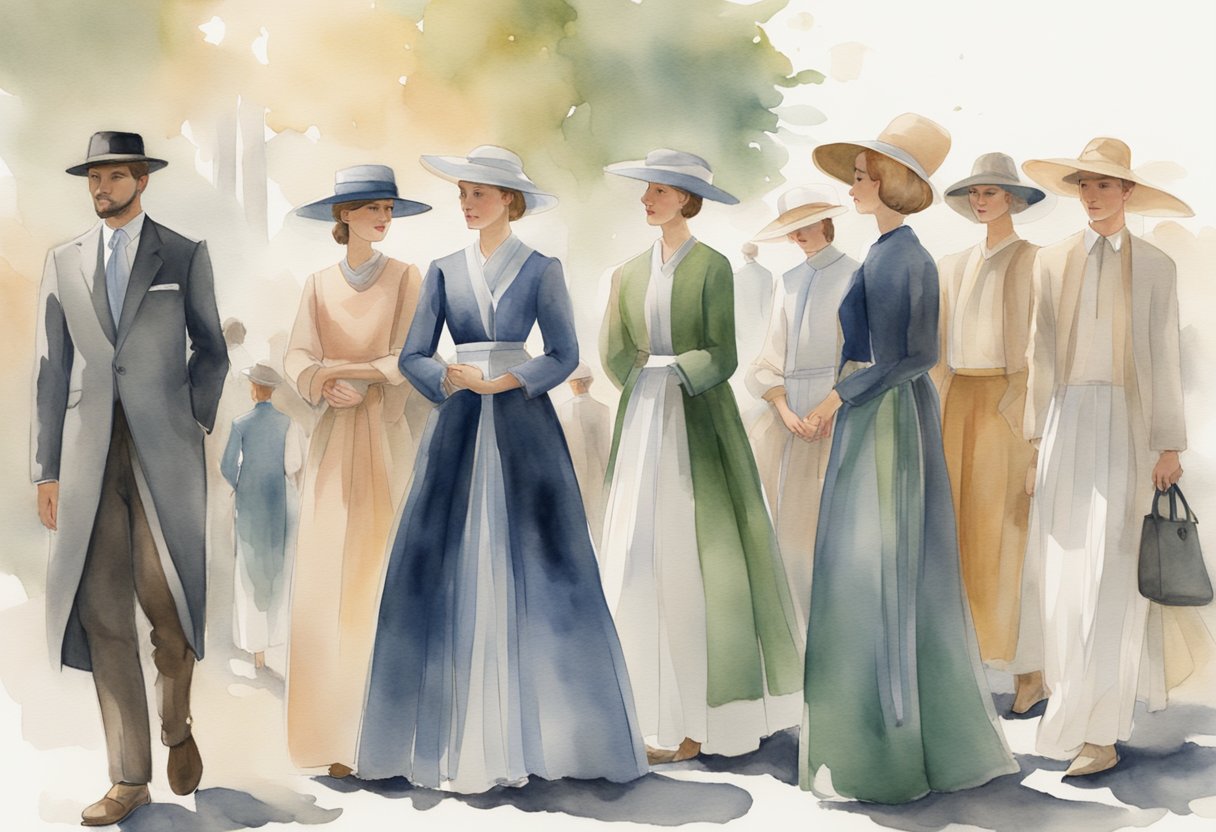 A group of people dressed in conservative and traditional clothing, with a focus on modesty and simplicity, reflecting Christian values on fashion