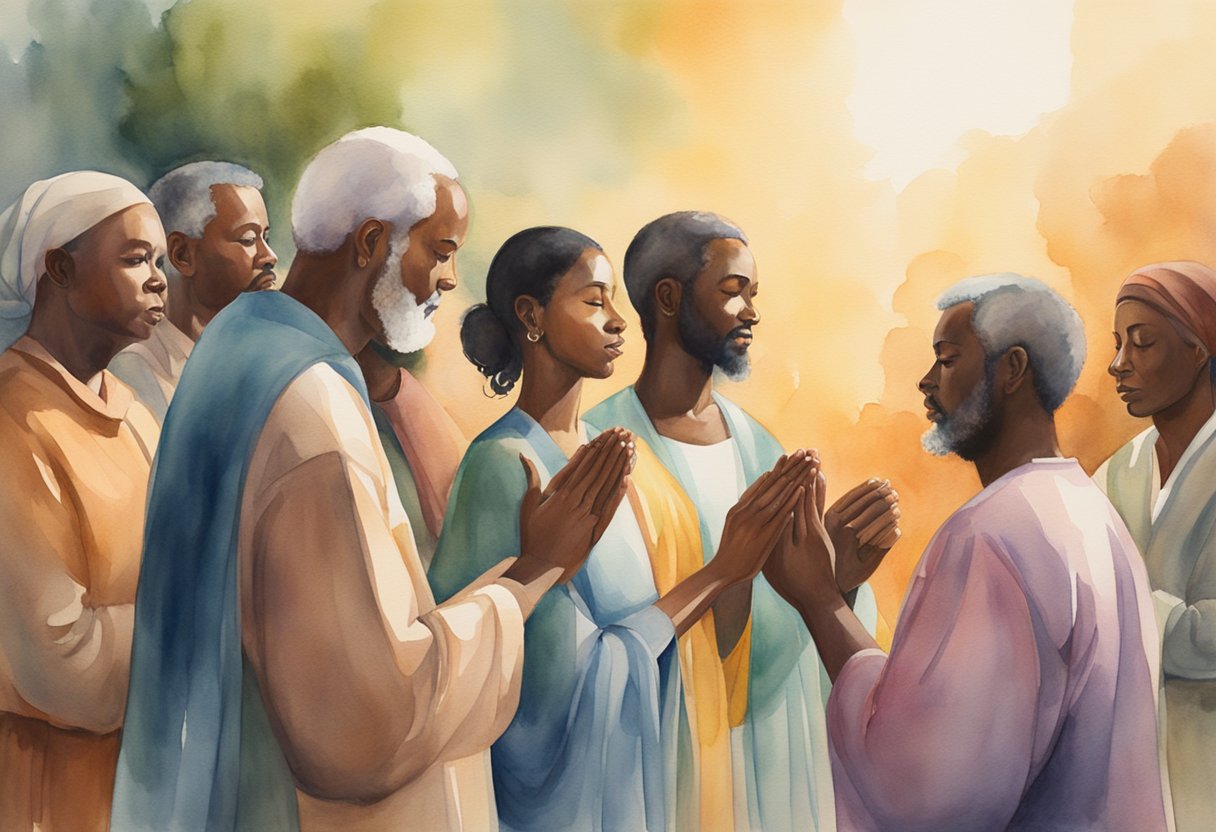A group of diverse individuals gather in prayer, surrounded by warm light and a sense of unity