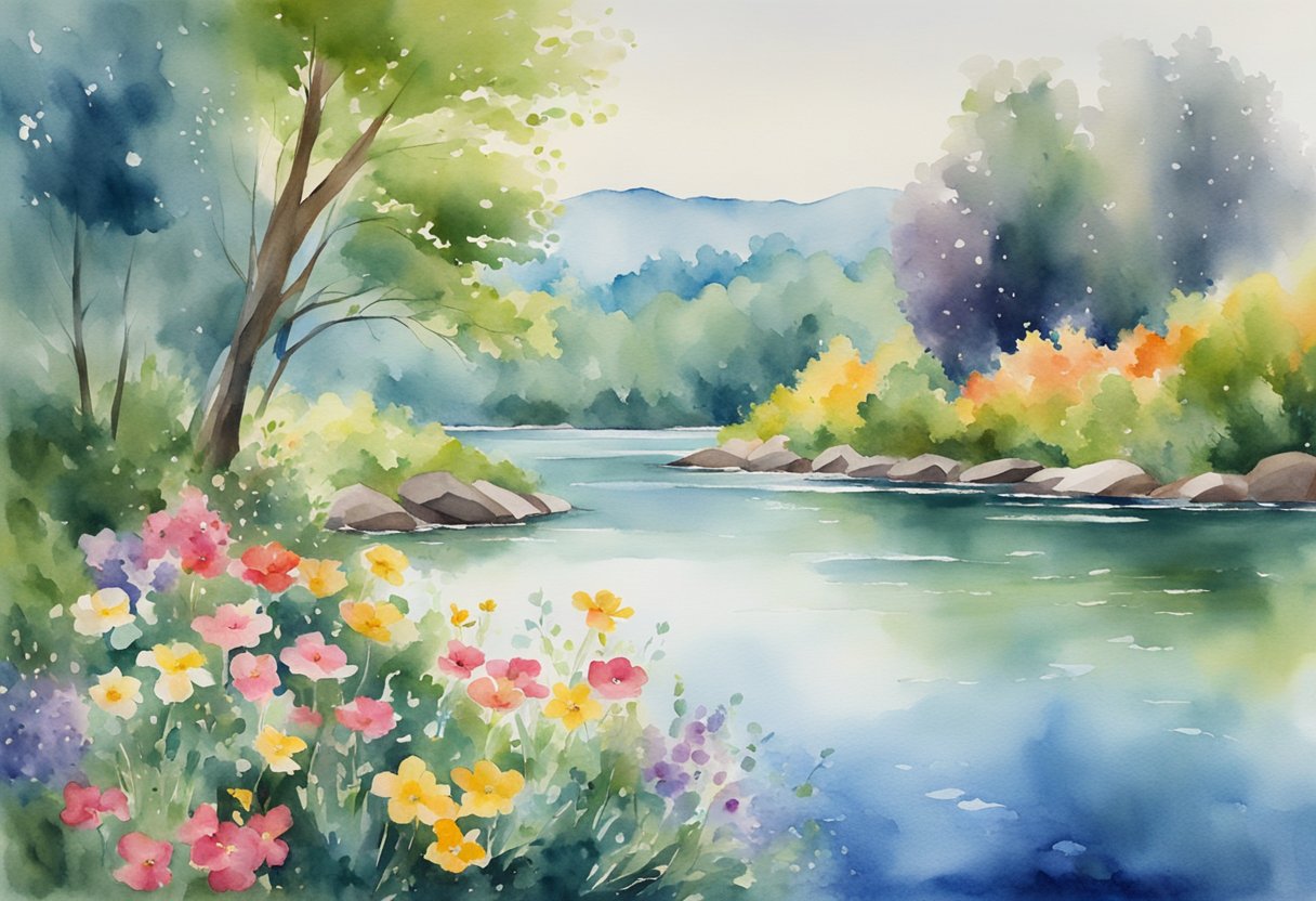 A serene landscape with a calm, flowing river and a clear blue sky, surrounded by lush greenery and colorful flowers