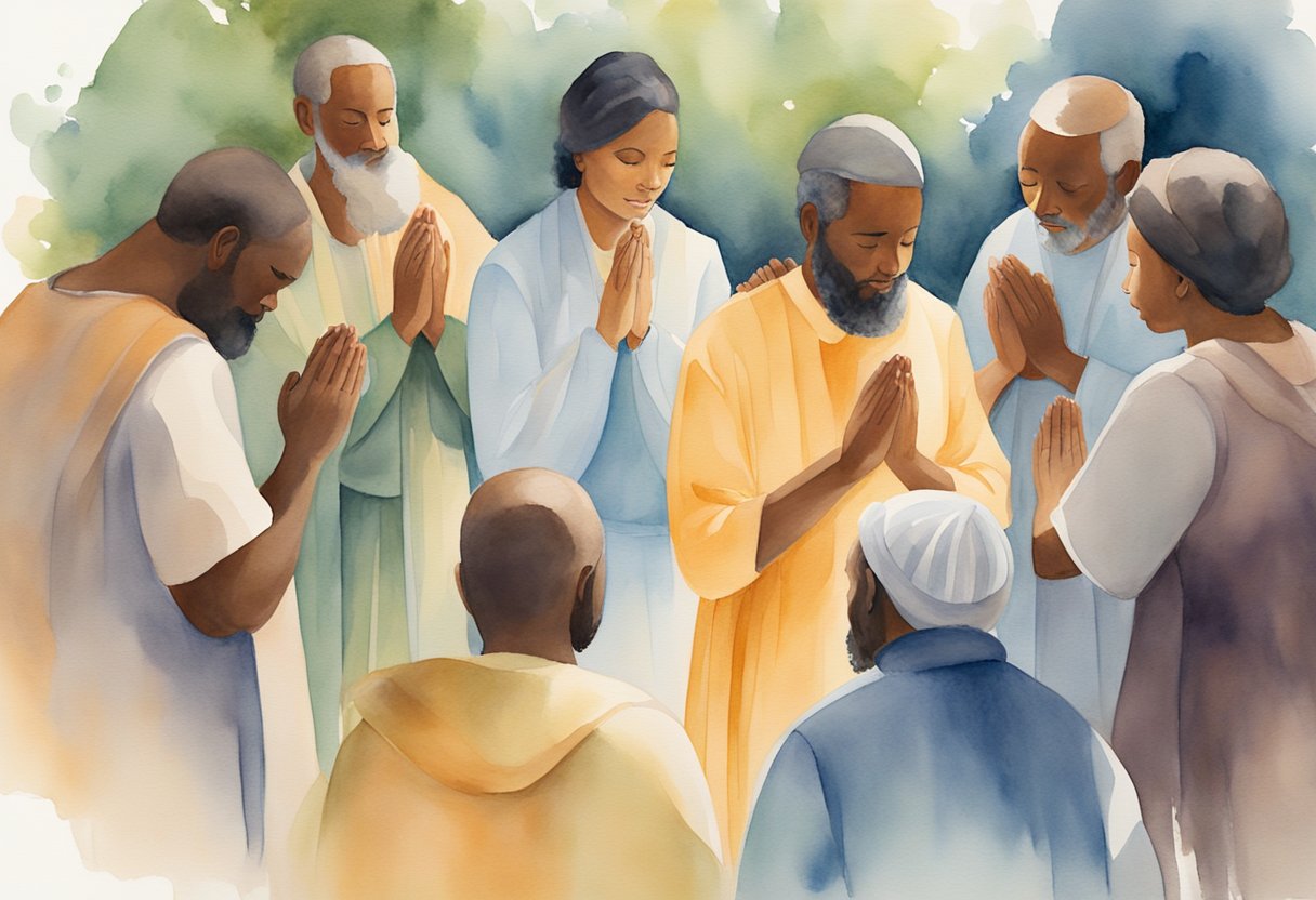A small group of people gather in prayer, surrounded by warm light, embracing each other in a circle, finding comfort and connection in their shared faith