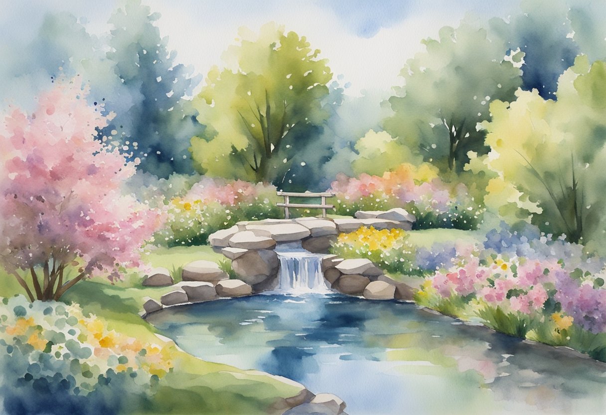 A serene garden with a peaceful stream, surrounded by blooming flowers and trees, under a clear blue sky