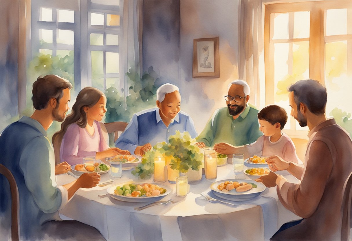 A peaceful family gathering around a dinner table, holding hands in prayer, with a warm glow of love and unity