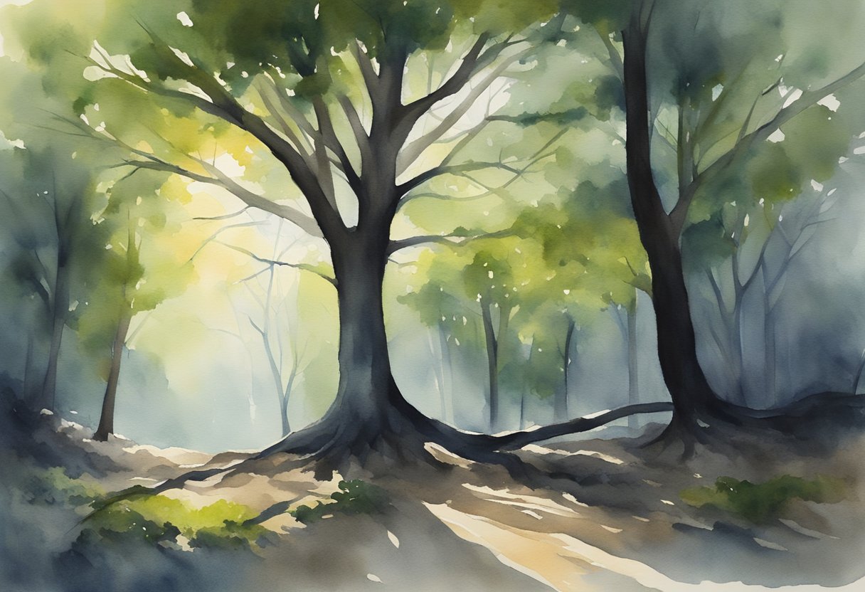 A lone tree stands in a dark forest, its branches reaching towards a break in the canopy where sunlight streams through, symbolizing hope in the midst of darkness