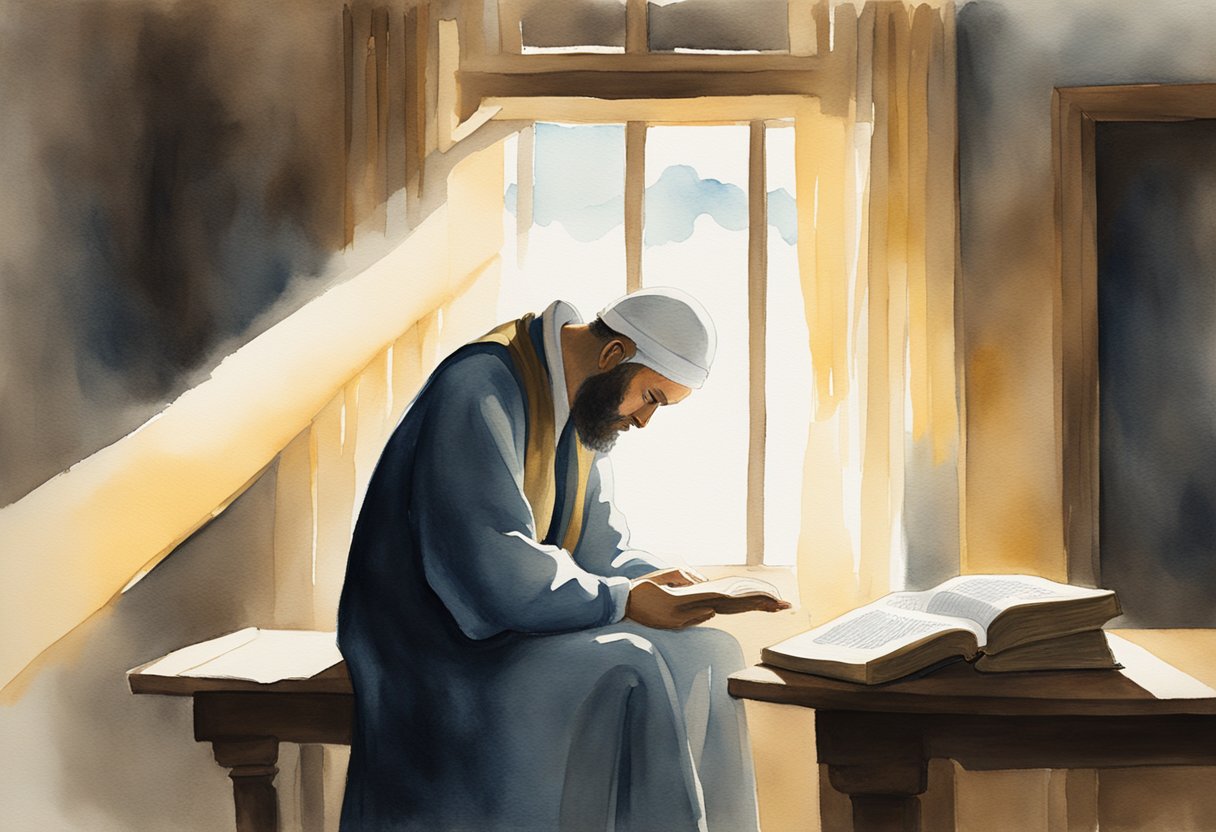 A figure sits in a dimly lit room, head bowed in despair. A single ray of light breaks through the darkness, illuminating a Bible on the table