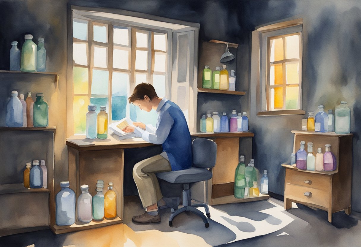 A person sitting in a dark room, surrounded by pill bottles and medical equipment. A beam of light shines through a window, illuminating a small Bible on the bedside table