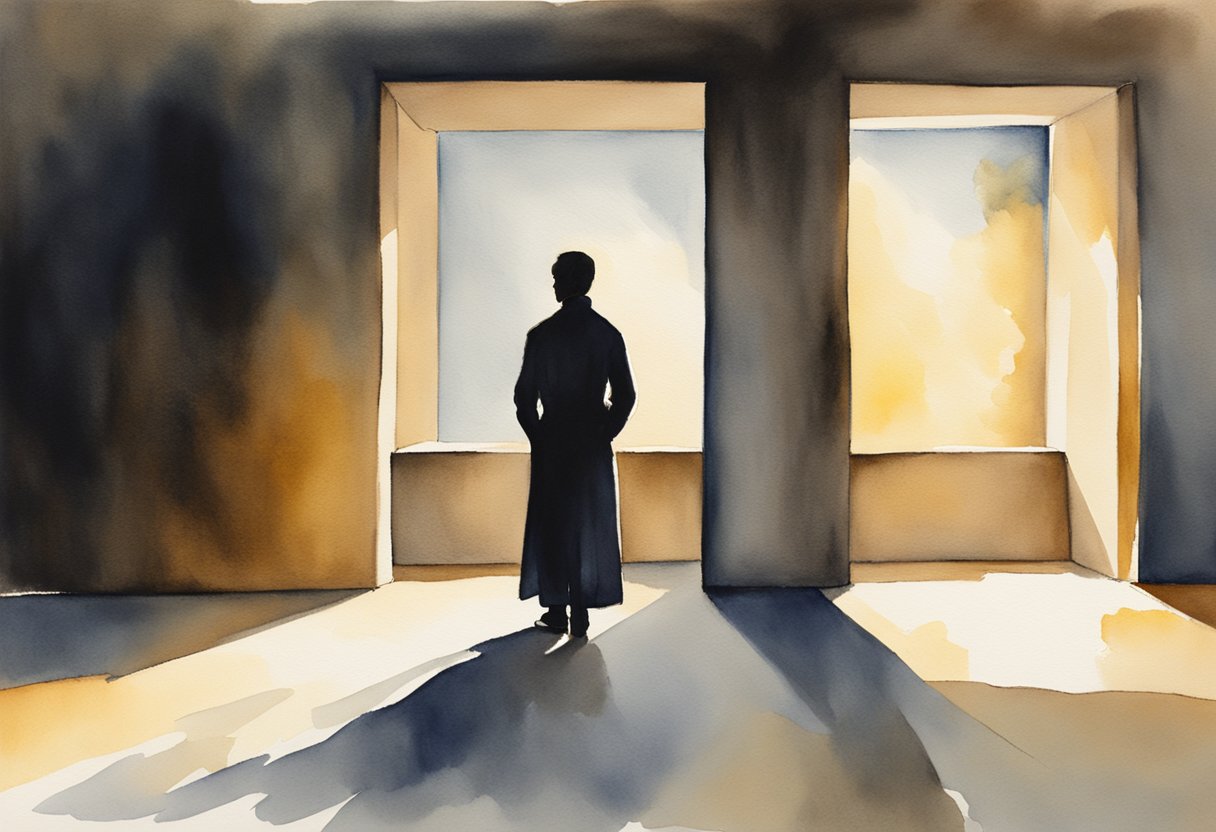 A solitary figure stands in a dimly lit room, surrounded by shadows. A small beam of light pierces through the darkness, illuminating the figure and casting a warm glow