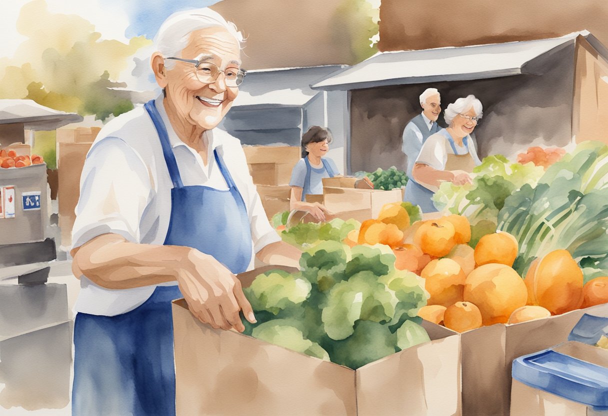 Elderly person volunteering at a food bank, handing out groceries to families in need with a warm smile