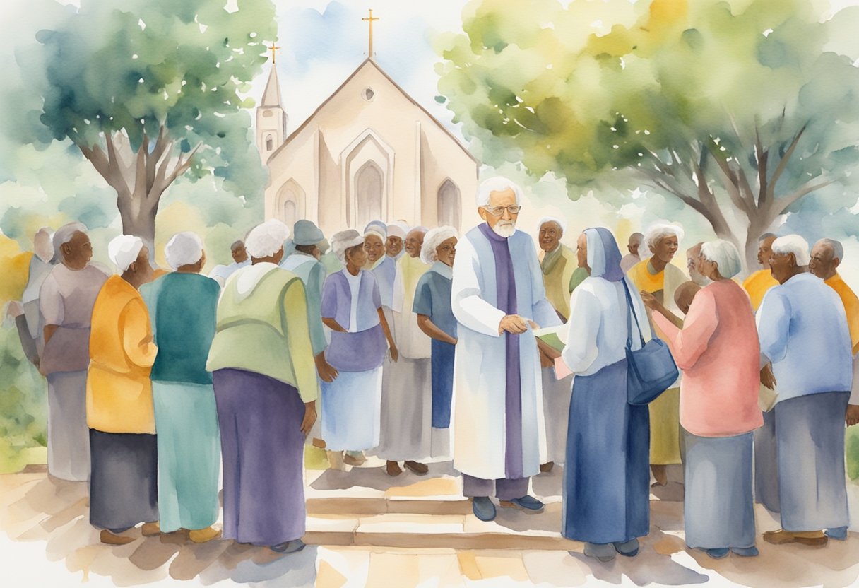 An elderly person volunteering at a church, surrounded by fellow believers, engaged in acts of service and compassion towards others