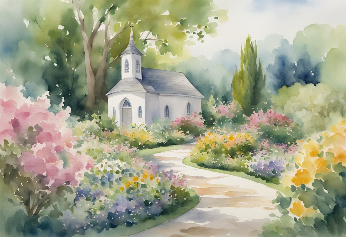A serene garden with a winding path leading to a small chapel nestled among blooming flowers and trees, where elderly individuals are engaged in various acts of service and worship