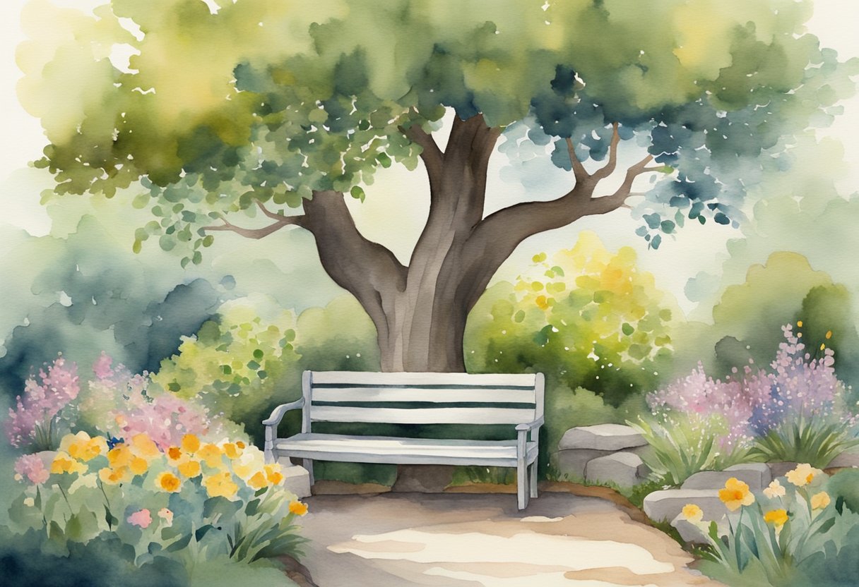 A serene garden with a winding path, blooming flowers, and a bench nestled under a wise old tree, surrounded by gentle wildlife