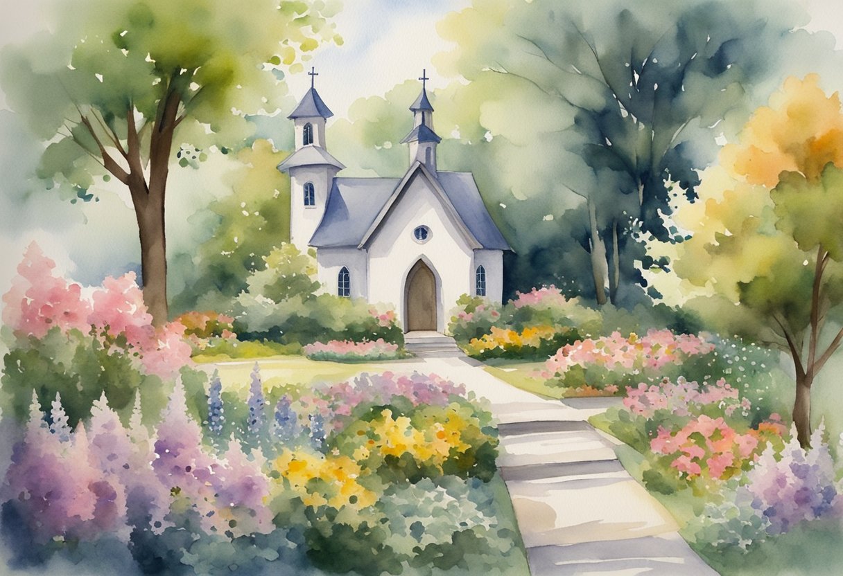 A serene garden with a winding path leading to a small chapel nestled among tall trees, surrounded by blooming flowers and peaceful wildlife