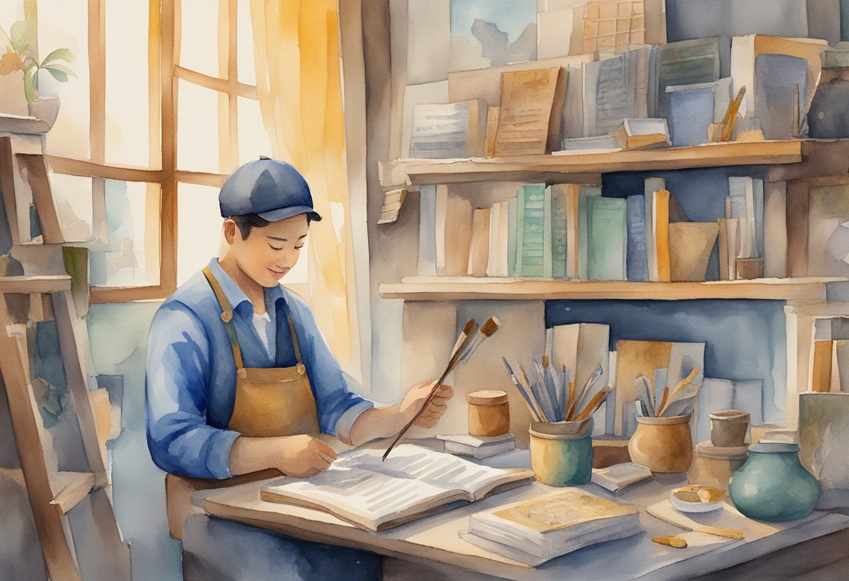 A person working happily in a meaningful job, surrounded by symbols of their vocational calling such as a book, a paintbrush, or a musical instrument